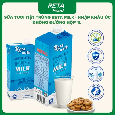 Reta Milk Unsweetened Uht Fresh Milk 1L Box - Pure Fresh Cow's Milk Rich in Calcium and Protein - Imported from Australia - Reta Food