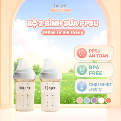 Bộ 2 bình sữa Hegen PPSU 240ml núm ti size M cho bé từ 3–6 tháng, chống sặc và chống đầy hơi