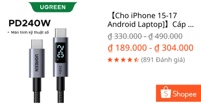 【Cho iPhone 15-17 Android Laptop]】Cáp sạc nhanh UGREEN USB-C to USB-C | Công suất 240W | Chuẩn chip E-Maker|Màn hình hiển thị kỹ thuật số - L530-Cho iPhone 17 / 16 / 15