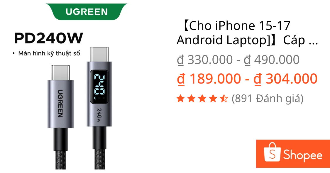 】Cáp sạc nhanh UGREEN USB-C to USB-C | Công suất 240W | Chuẩn chip E-Maker|Màn hình hiển thị kỹ thuật số - L530-Cho iPhone 17 / 16 / 15