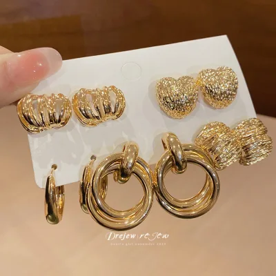 DREJEW Bông tai vàng nữ Vương miện trái tim Thiết kế vòng nhiều lớp Tuyên bố hợp thời trang Trang sức thời trang Phụ kiện thời trang