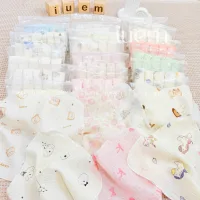 iuem khăn sữa xô muslin 2 lớp (set 5 cái) cho bé từ sơ sinh, làm khăn thấm sữa,1 mặt họa tiết, kt 28*28cm (+-1cm)