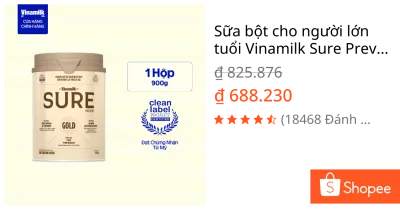 Sữa bột cho người lớn tuổi Vinamilk Sure Prevent 900g (Hộp thiếc) - bổ sung dinh dưỡng và tăng sức đề kháng