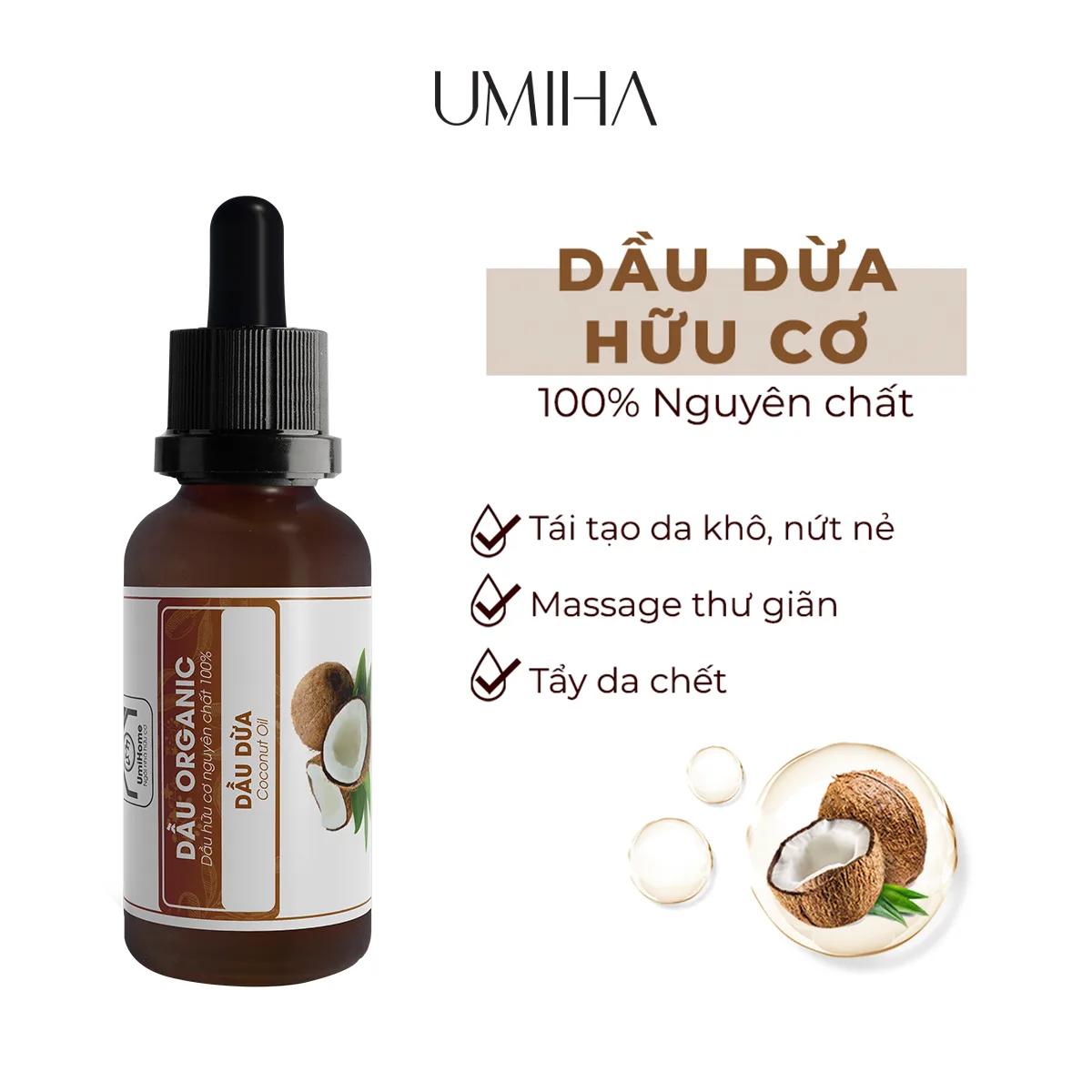 Dầu Dừa nguyên chất UMIHOME ép lạnh tinh khiết 30ml chăm sóc tóc, dưỡng da và môi
