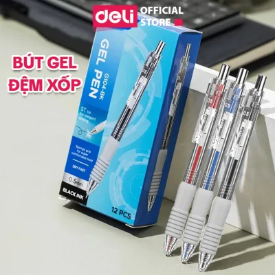 Bút Gel Đệm Xốp Deli Ngòi ST 0.5mm Bi Nước Mực Xanh/Đen/Đỏ Viết Trơn Cho Học Sinh Sinh Viên Văn Phòn