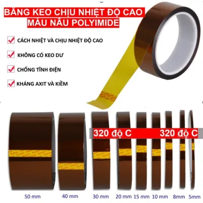 Băng keo chịu nhiệt độ cao màu nâu polyimide, Kapton, băng dính dán bảng mạch diện tử, bảo vệ bảng mạch PC, CPU