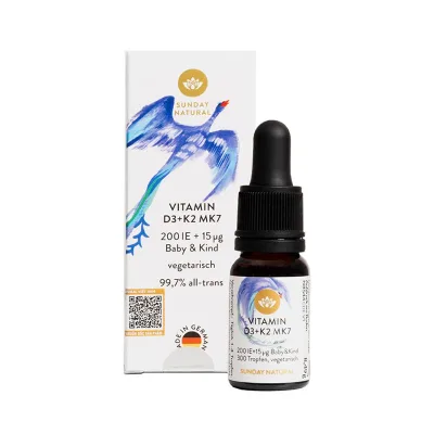 Vitamin D3 + K2 Mk7 Baby & Kind Sunday Natural 10ml – Supports Baby's Bones, Teeth, and Height