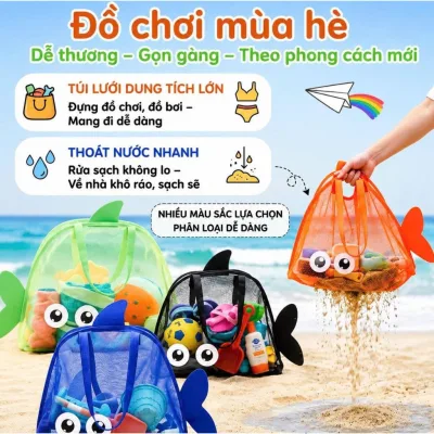 Túi Lưới Đi Biển Hình Cá Cỡ Lớn Cho Bé | Túi Đựng Đồ Chơi Cát Hồ Bơi Chống Đọng Cát Siêu Cute
