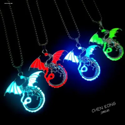 Dây chuyền rồng lửa phát sáng trong bóng tối cho nam, rồng phát sáng mát mẻ, xu hướng thời trang mới, dây chuyền áo len nam, trang sức cặp đôi