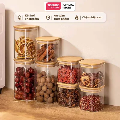 Hũ Thuỷ Tinh Đựng Gia Vị TOSUDO Nắp Vuông Gỗ Tre Kín Khí Chống Ẩm, Thuỷ Tinh Borosilicate An Toàn Cho Sức Khoẻ