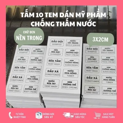 Tấm 10 Tem Dán Mỹ Phẩm Trong Suốt Chống Nước Decal Chai Lọ Dán Dầu Gội Sữa Tắm Sữa Rửa Mặt Nước Rửa Tay