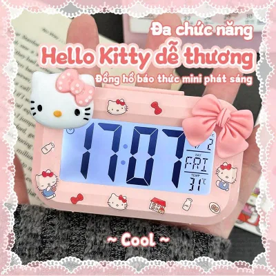 Đồng hồ báo thức điện tử có đèn LED hiển thị nhiệt độ,charm mèo kitty và nơ bướm để bàn đa chức năng dễ thương