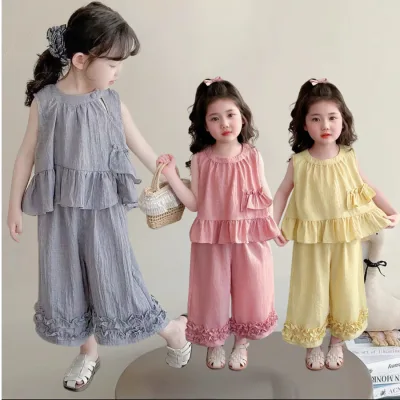 Set đồ đi chơi bé gái sát nách đũi trơn, bộ đồ mùa hè cho bé gái cực mát cực xinh họa tiết cute ST3 Viola Kids