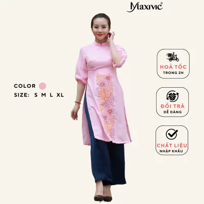 Áo Dài Cách Tân Linen Đỏ Thêu Họa Tiết Hoa Đường Diềm - Design by Maxivic M122203A