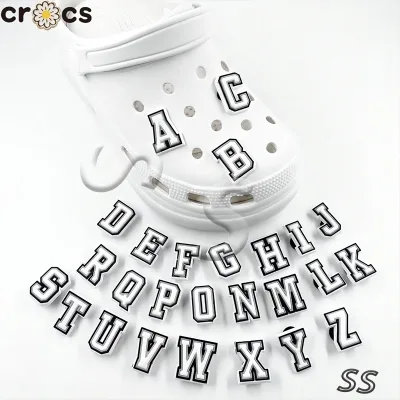 Cross Jibbicz Miếng Dán Quyến Rũ A-Z Chữ Và Số Dép Dán Phụ Kiện Giày Đen Trắng Chữ Miếng Dán Cross 26 Chữ Cái PVC Nút Trang Trí Dép