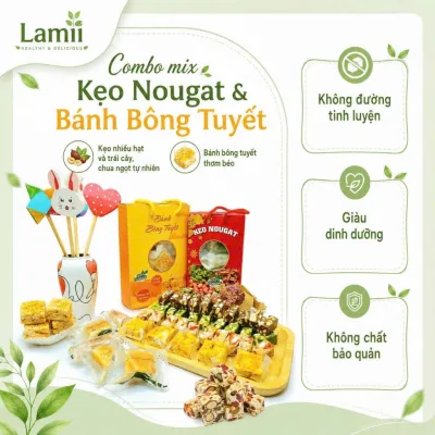 1Kg Combo mix kẹo Nougat và bánh bông tuyết, ít ngọt, ăn kiêng, ăn vặt, dinh dưỡng
