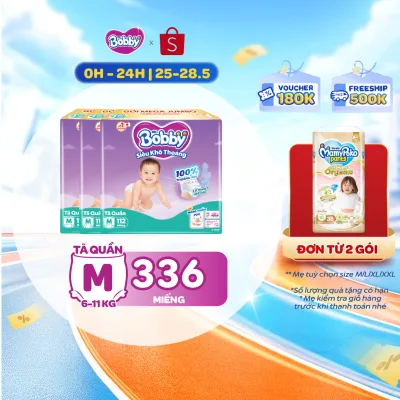 [TẶNG MIẾNG NGẪU NHIÊN] Combo 3 tã quần Bobby Siêu Khô Thoáng - 100% Thoáng Khí Mega Jumbo M112/L96/XL84/XXL76