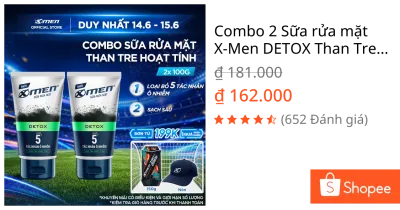 Combo 2 Sữa rửa mặt X-Men DETOX Than Tre Hoạt Tính 100g