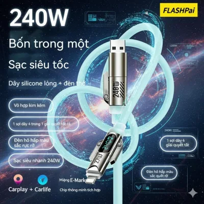 Cáp dữ liệu sạc nhanh hiển thị số 240W 4 trong 1 bằng silicone lỏng, dài 1,8 mét
