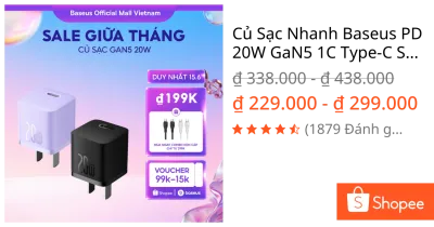 Củ Sạc Nhanh Baseus PD 20W GaN5 1C Type-C Sạc Nhanh AnToàn Cho điện thoại và các loại máy tính bảng