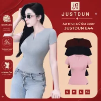 Áo Thun Nữ Ôm Body JUSTDUN E44 – Cổ Trụ Tàu Tay Ngắn, Vải Cotton Mềm Mịn Co Giãn 4 Chiều, Thoáng Mát