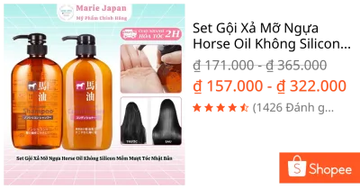 Set Gội Xả Mỡ Ngựa Horse Oil Không Silicon Mềm Mượt Tóc 600ml Nhật Bản