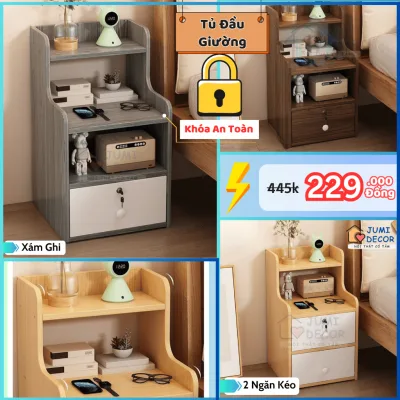 Tủ đầu giường có khóa an toàn, Tab đầu giường gỗ thiết kế sang trọng, tiện ích - JUMI DECOR