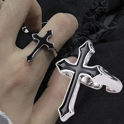 Bông Tai Kẹp Vintage Đen Hip Hop Punk Chữ Thập Mở Nhẫn Cho Nam Nữ Đảng Trang Sức Hợp Thời Trang Gothic Nhẫn Trang Sức