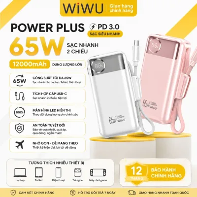 Pd 3.0 65W Backup Battery with Integrated Type-C Charging Cable 12000Mah Wiwu Powerplus Fast Charging for iPhone Laptop MacBook Android - Digital Battery Display, Safe Multi-Layer Protection System