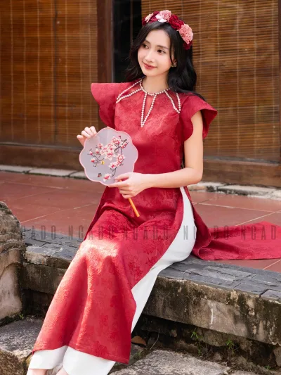 Áo dài Cát Châu NGADO , áo dài đỏ , áo dài Tết