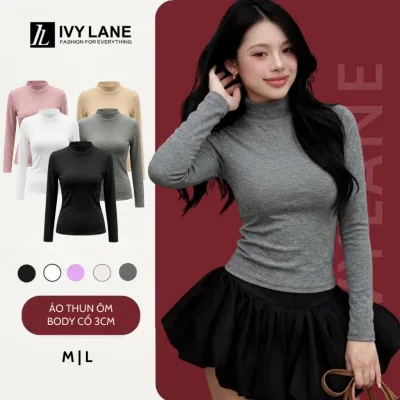 Áo Thun Nữ Dài Tay Cổ Lọ 3 Phân Co Giãn 4 Chiều Cotton Mềm Mịn Basic Ôm Body IVYLANE