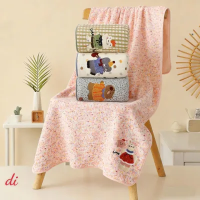 Cotton Bath Towel Embroidered with Cute Animal Images, Thick and Super Absorbent, Size 70*140cm - Accessories