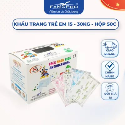 Khẩu trang y tế trẻ em 4 lớp kháng khuẩn 15 - 30Kg Famapro Nam Anh 50 cái/hộp
