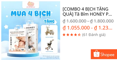 [COMBO 4 BỊCH TẶNG QUÀ] Tã Bỉm HONEY PREMIUM Dán/Quần Chính Hãng, Mềm Mại Thấm Hút Vượt Trội
