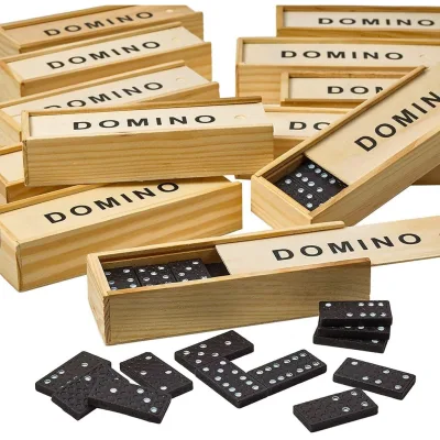 Domino Toy 28 Mini Black Plastic Cards, High Quality Beautiful Wooden Box Domino Set, Entertaining Puzzle Game for Children and Family