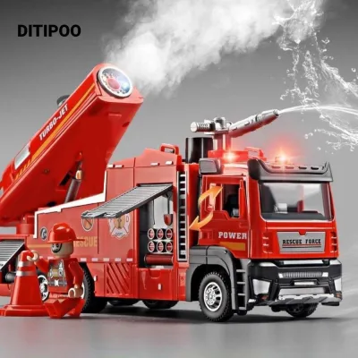 Mô hình xe cứu hỏa DITIPOO, chức năng kéo lại Đồ chơi tương tác Xịt nước Đồ chơi cứu hỏa, thực tế với đèn âm thanh Bộ sưu tập xe kỹ thuật tỷ lệ 1: 32