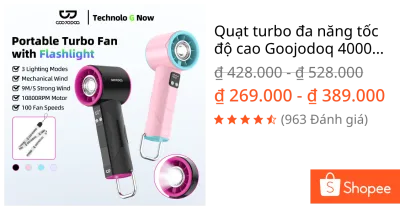 Quạt turbo đa năng tốc độ cao Goojodoq 4000mah có đèn pin LED, màn hình kỹ thuật số và móc treo cho nhiều cảnh