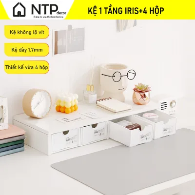 Kệ gỗ 1 tầng không lộ vít kèm hộp đựng đồ đa năng decor bàn học