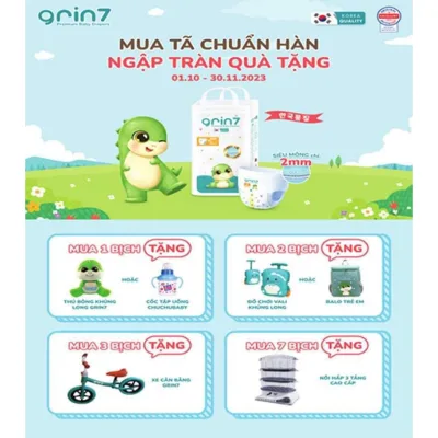 Bỉm/Tã/Quần cao cấp Hàn Quốc Grin 7 (tã dán NB60, S52, M46, L42,XL38, tã quần M48, L42, XL38, XXL32)