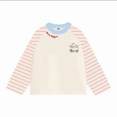 Áo thun dài tay phối viền sọc tay áo ,áo phông cổ tròn form rộng màu pastel hình cún chữ nam nữ mặc được cá tính