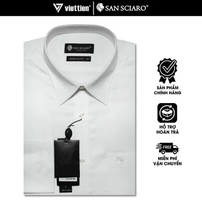 SANSCIARO SALE - Áo Sơ Mi SANSCIARO Dài Tay, Màu Trắng, Họa Tiết chìm, Form Regular Fit Lai Bầu