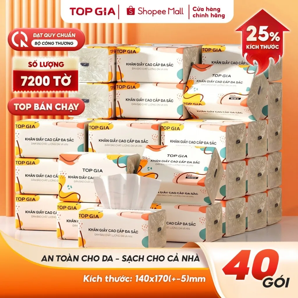 Giấy ăn đa sắc Topgia 240 tờ 4 lớp dập vân 4D mềm mịn, thấm hút