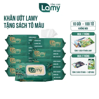 Thùng 10 gói khăn giấy ướt Lamy không cồn cao cấp gói 100 tờ