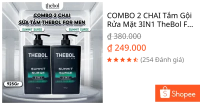 COMBO 2 CHAI Tắm Gội Rửa Mặt 3IN1 TheBol For Men Lưu Hương Nam Tính, Lịch Lãm 925gr