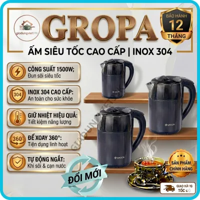 Ấm Siêu Tốc Gropa 2L Inox 304, Bình Đun Nước Điện Công Suất 1500W Tự Ngắt An Toàn
