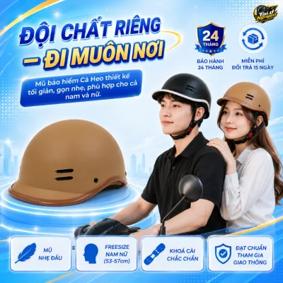 Nón bảo hiểm nửa đầu CÁ HEO - Freesize cho cả nam và nữ, phù hợp với vòng đầu 52 - 57cm