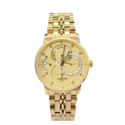 Đồng Hồ Nam Sunrise JAPAN WATCH Chạy 6 Kim Mặt Tròn Đơn Giản Dây Thép Đúc Đặc Vàng Sang Trọng 1146SA