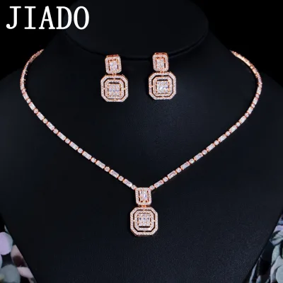 Jiado Vintage Phong Cách Đơn Giản Hoa Hồng Màu Vàng Vuông Thả Bông Tai Và Mặt Dây Chuyền Vòng Cổ Kẻ Sọc Trắng Zircon Bộ Trang Sức Nữ Bữa Tiệc Tối Y20