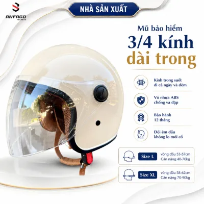 Mũ/Nón Bảo Hiểm 3/4 kính dài cho cả Nam và Nữ, Kính chắn gió, che nắng, che mưa, nhiều màu