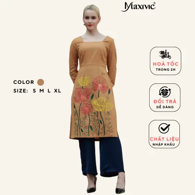 Áo Dài Cách Tân Linen Vàng Nâu Thêu Họa Tiết Hoa Sen - Design by Maxivic M122210B